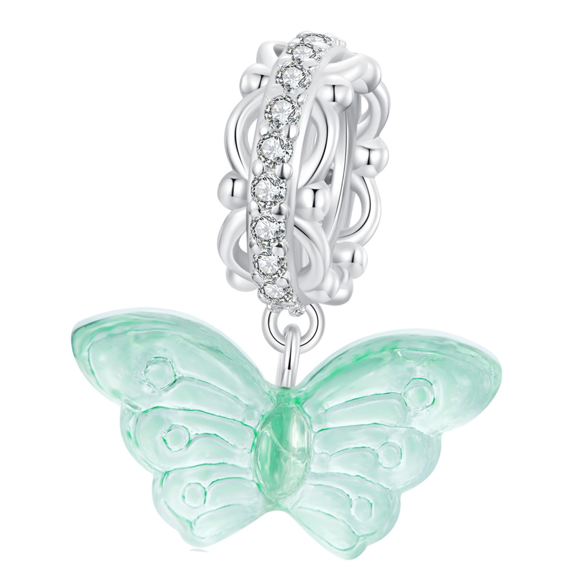 Zielony kryształowy motyl srebrny charms zawieszka beads srebro 925