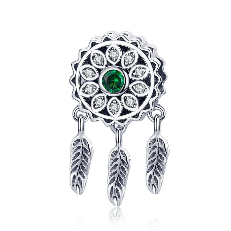 Łapacz snów z zielonym kryształem srebrny charms koralik beads srebro 925
