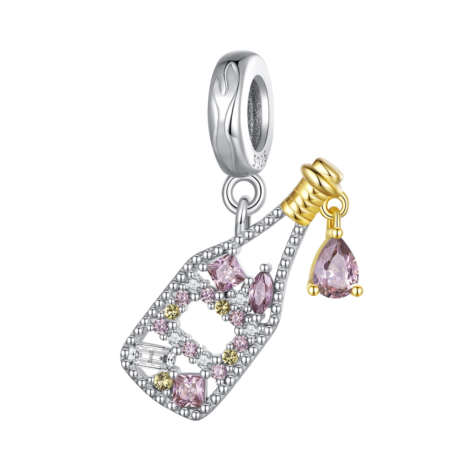 Pozłacany szampan w kryształy srebrny charms zawieszka beads