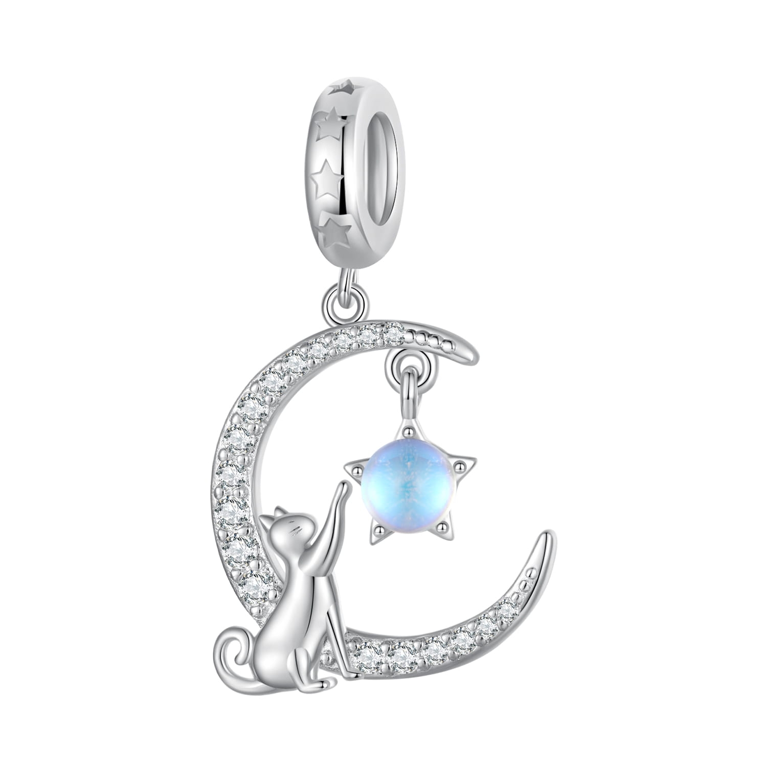 Kot na księżycu srebrny charms zawieszka beads