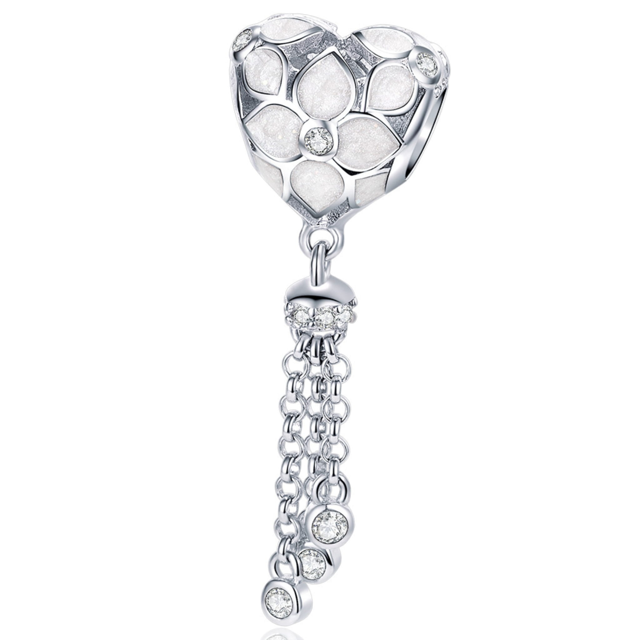 Srebrny charms serduszko ozdobione wiszącymi kryształkami koralik beads