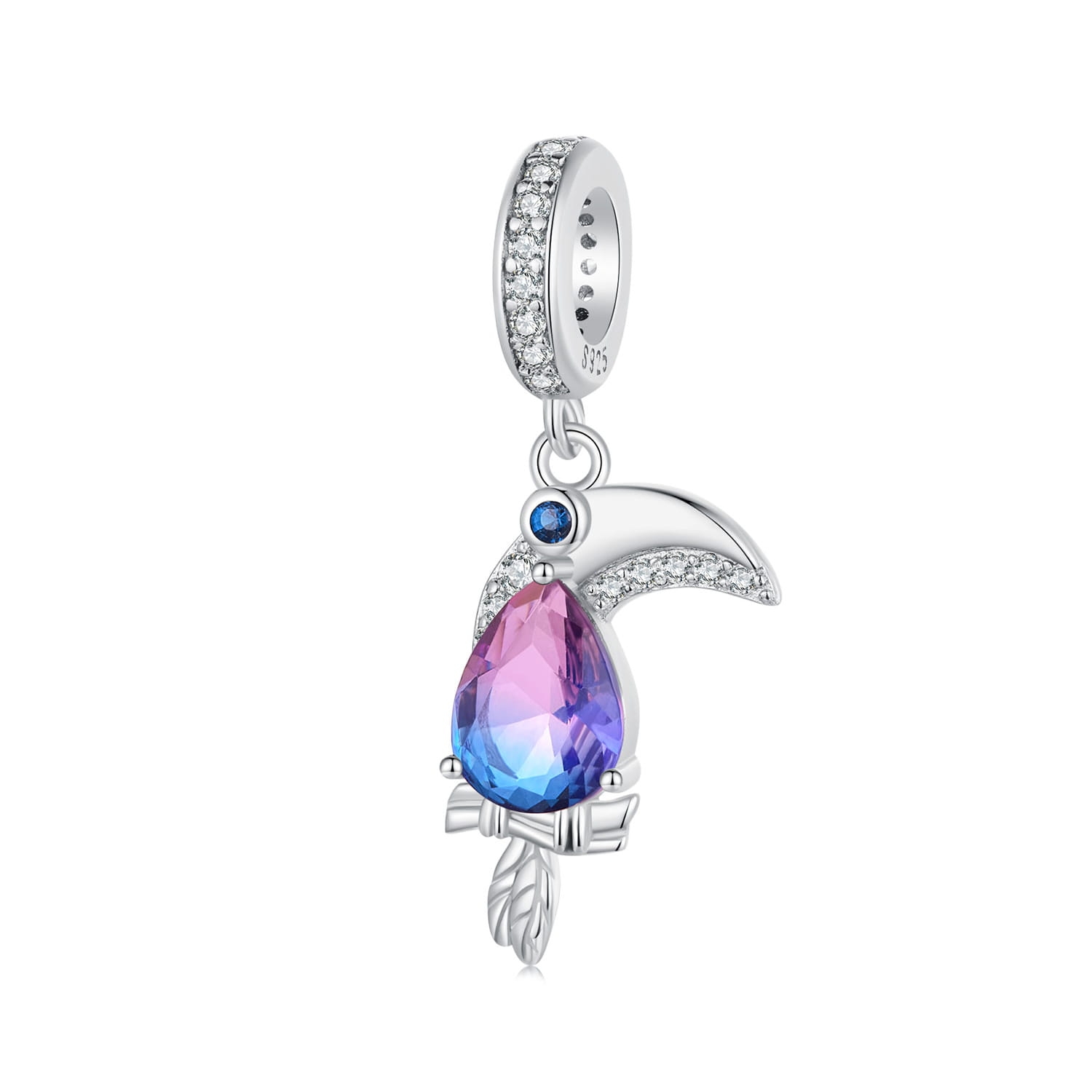 Ptak tukan różowo-niebieski kryształ srebrny charms zawieszka beads