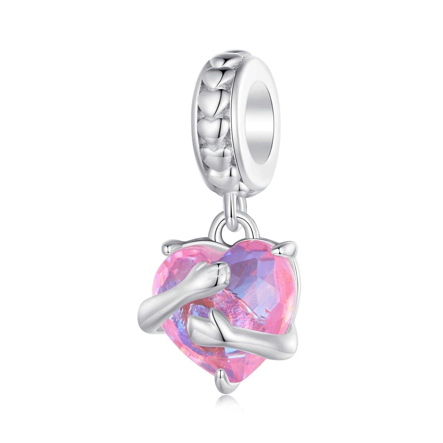 Dłonie obejmujące różowe serce srebrny charms zawieszka beads
