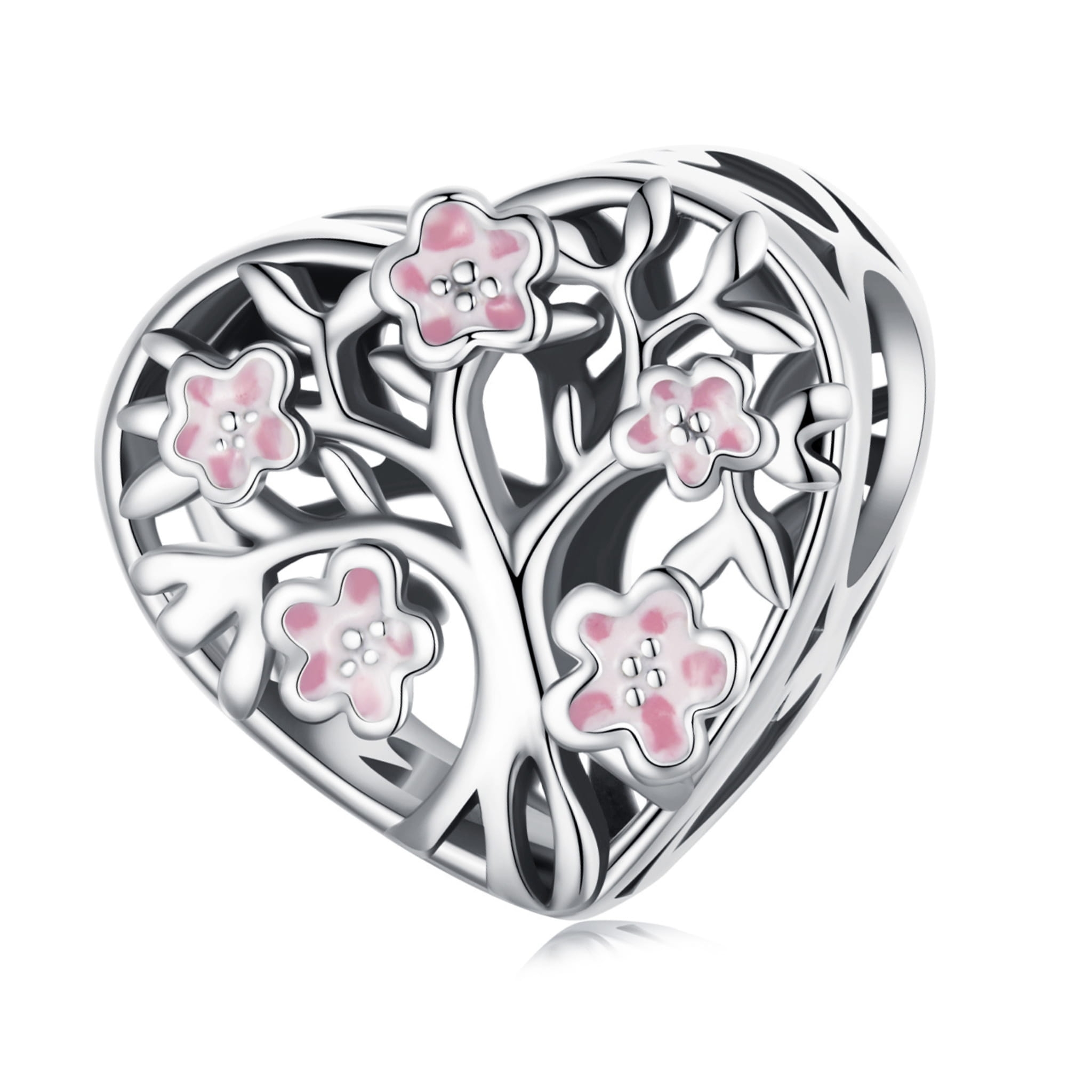 Serce z różowymi kwiatami srebrny charms koralik beads