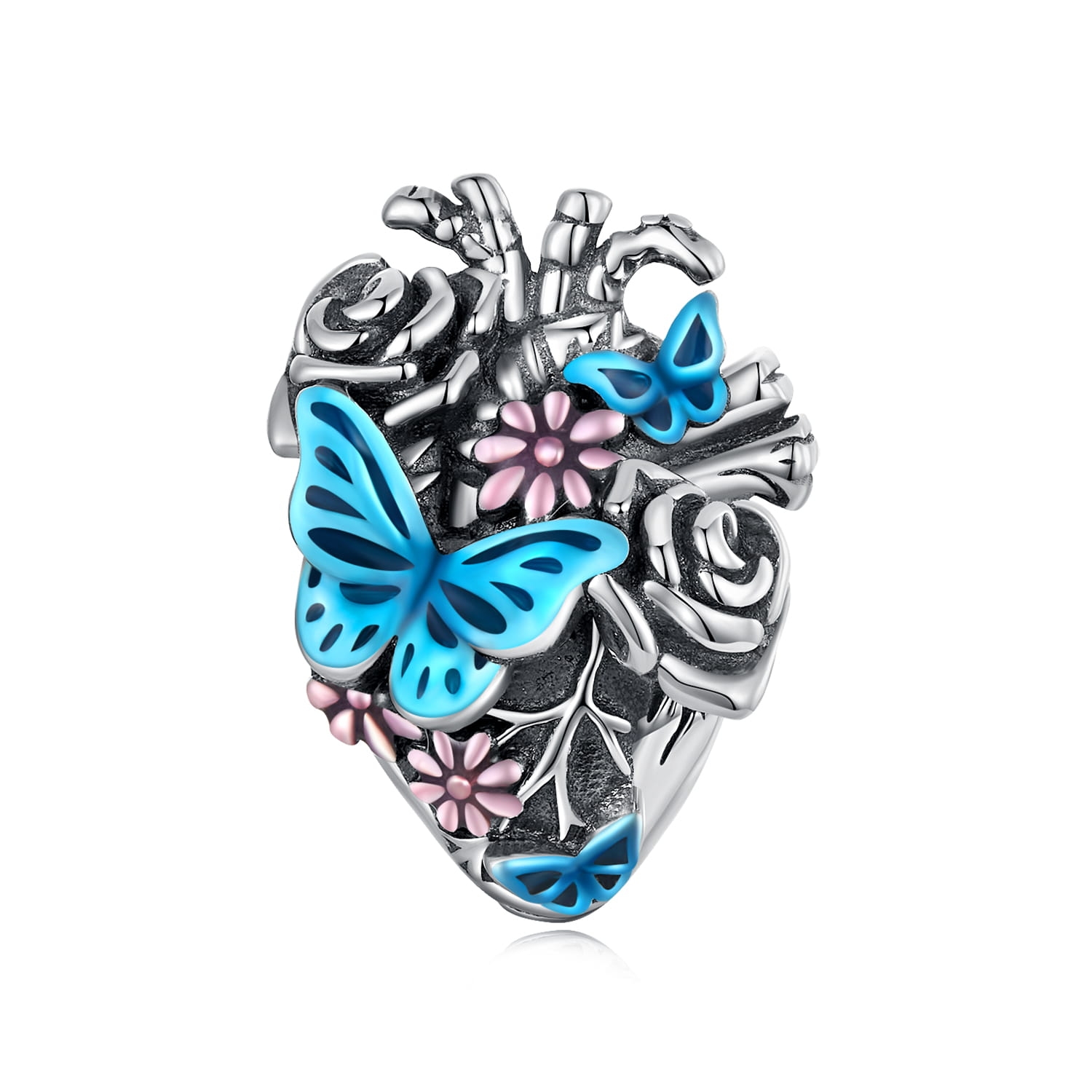 Srebrny charms serce z motyli i kwiatków koralik srebro 925 beads
