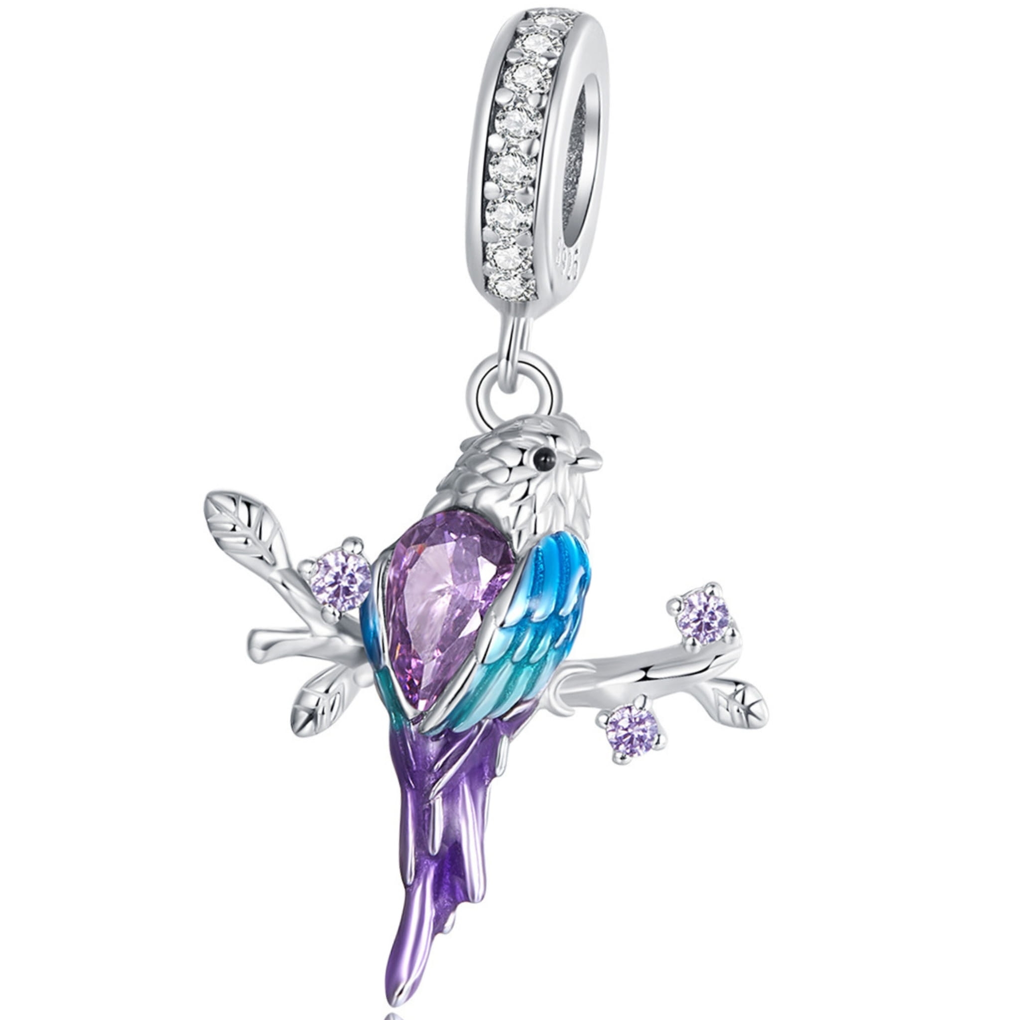 Kolorowy ptaszek z kryształkami srebrny charms zawieszka beads