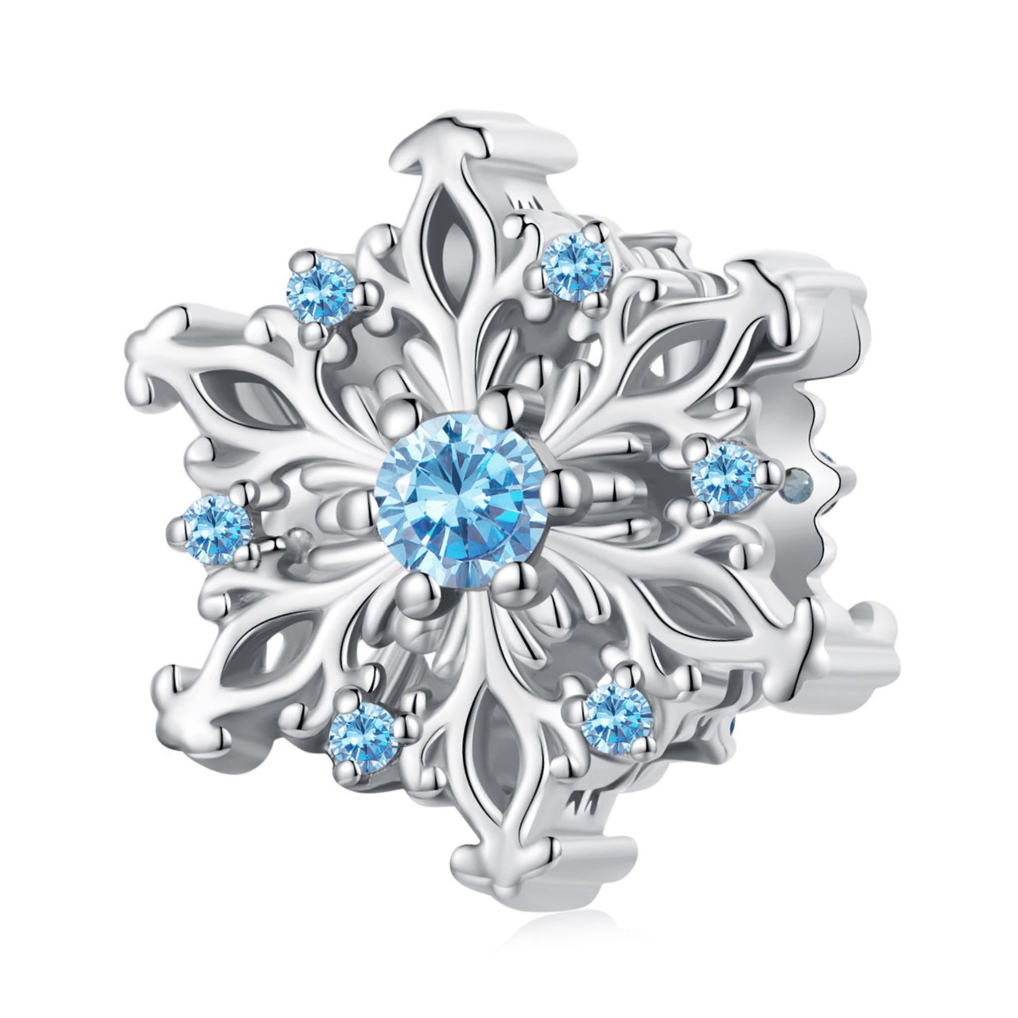 Płatek śniegu z błękitnymi kryształkami srebrny charms koralik beads