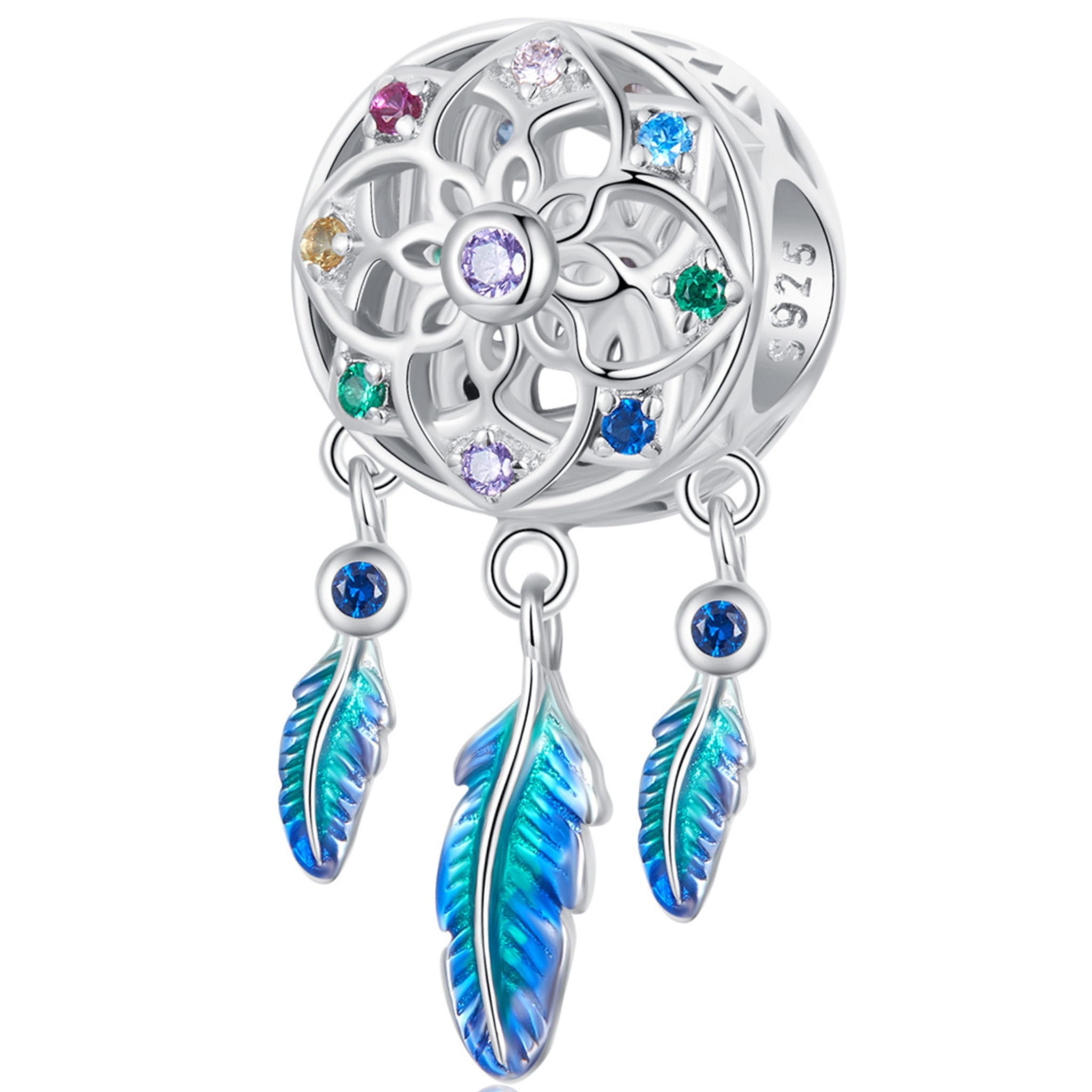 Łapacz snów w kryształki w kolorach tęczy srebrny charms koralik beads