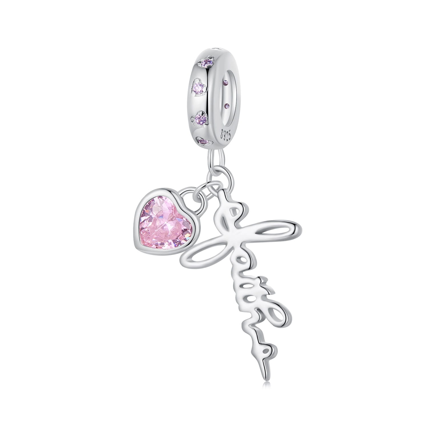 Różowe serce z kryształkiem srebrny charms wiara zawieszka beads