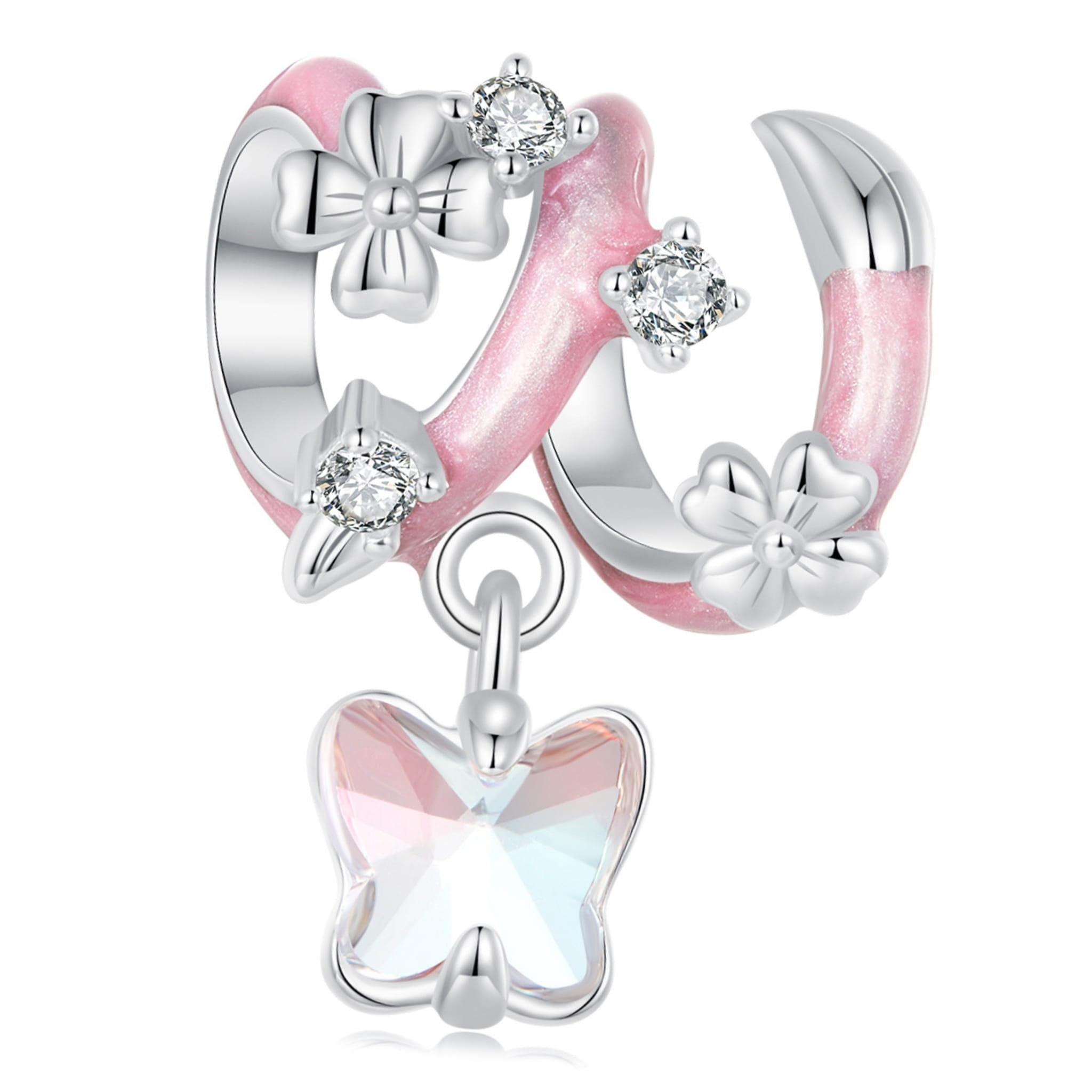 Charms różowa wstążka z kryształowym motylkiem koralik beads srebro 925