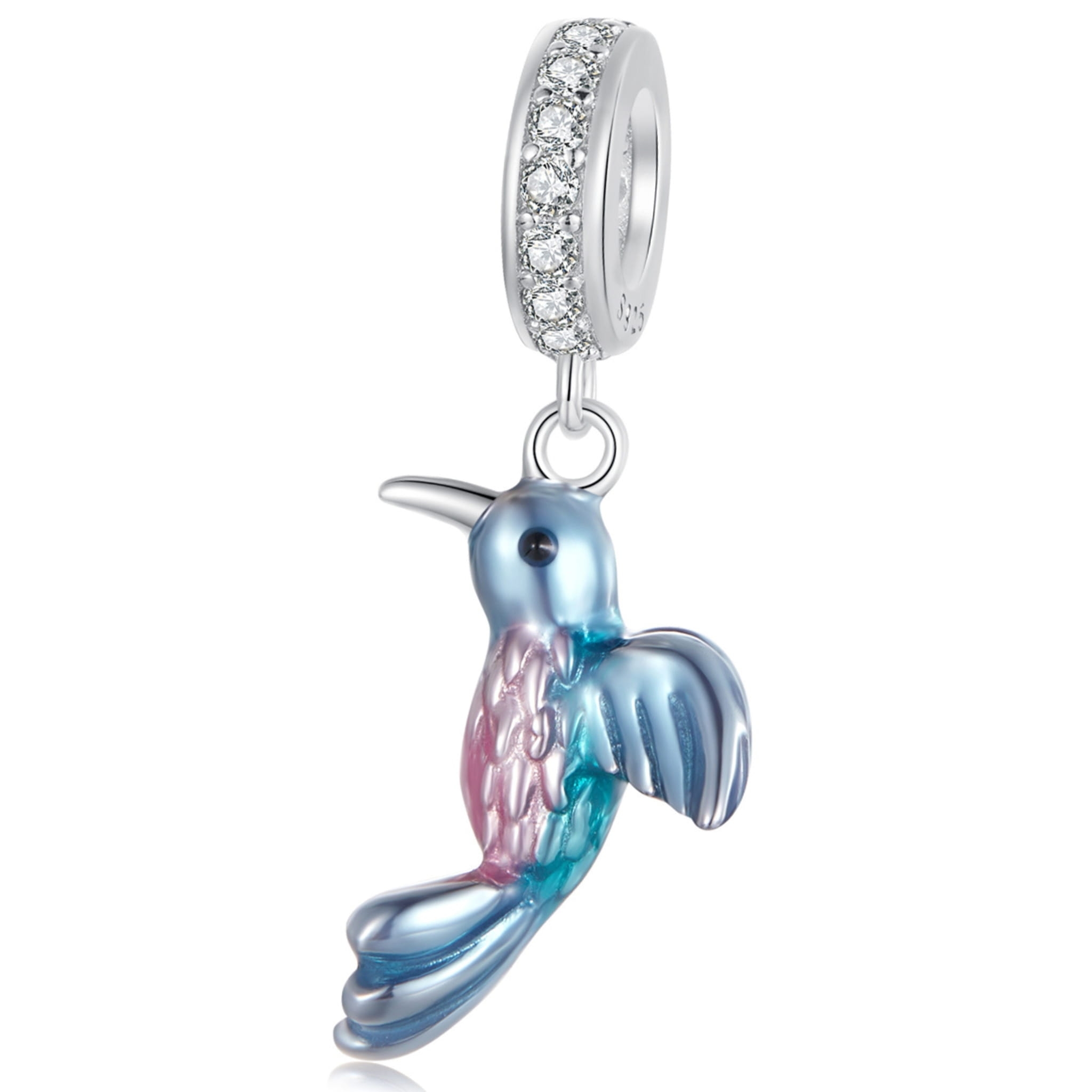 Ptak niebiesko- fioletowy koliber srebrny charms zawieszka beads