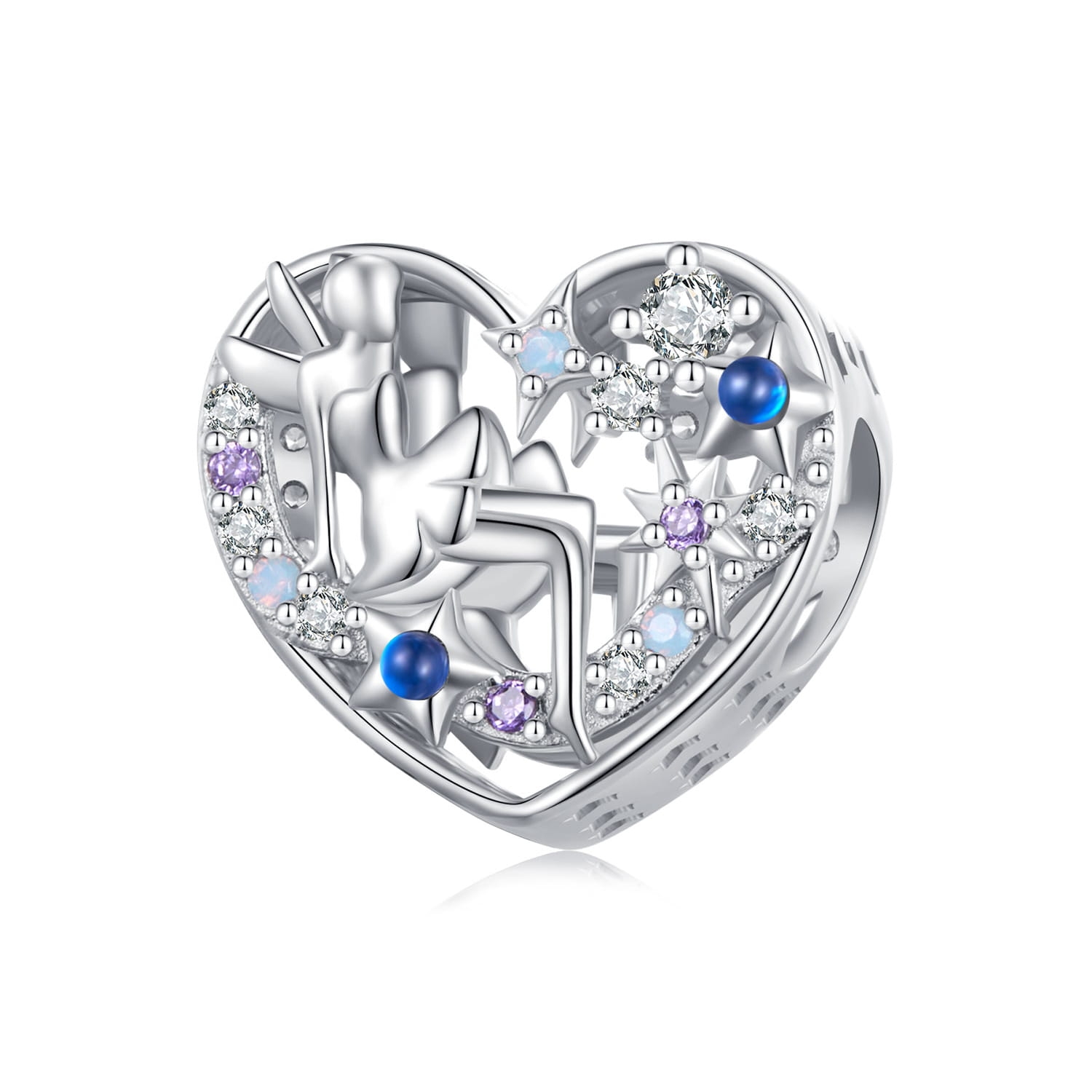 Serce wróżka otoczona gwiazdkami srebrny charms koralik beads