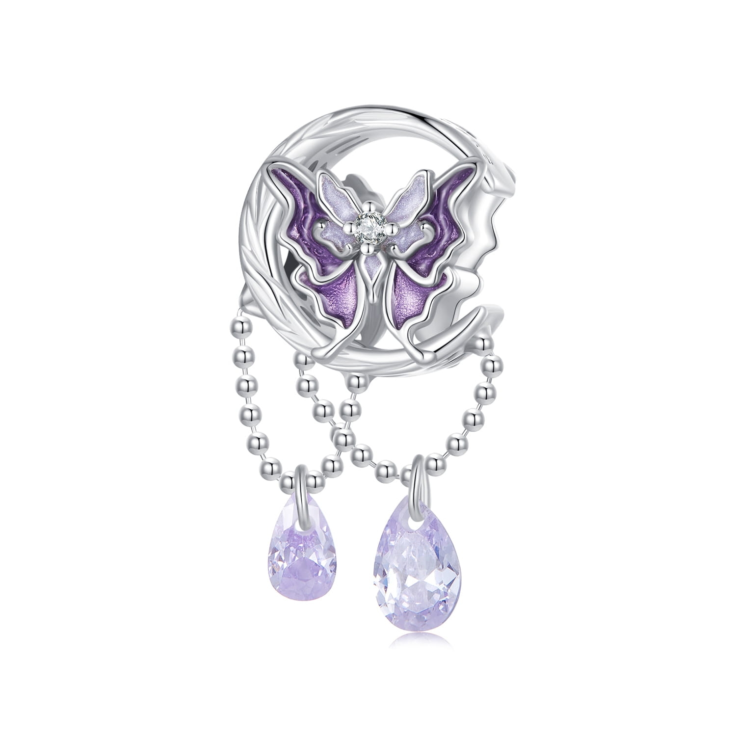 Księżycowy motylek z fioletowymi kryształami srebrny charms koralik beads