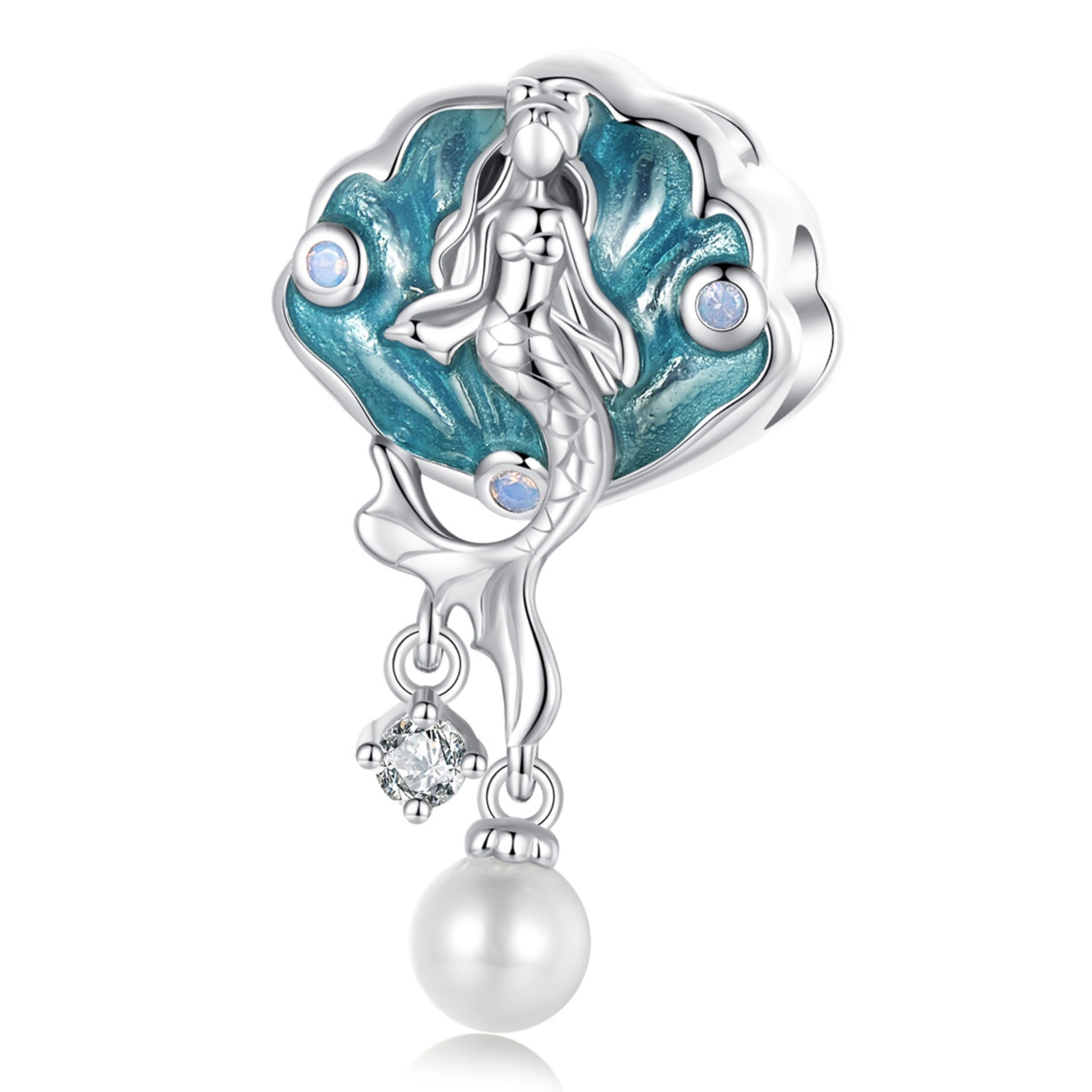 Syrenka z muszelką i perłą srebrny charms koralik beads srebro 925