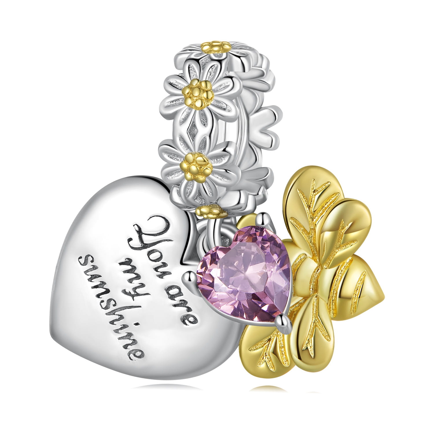 Serca z grawerem i pozłacaną pszczołą srebrny charms zawieszka beads