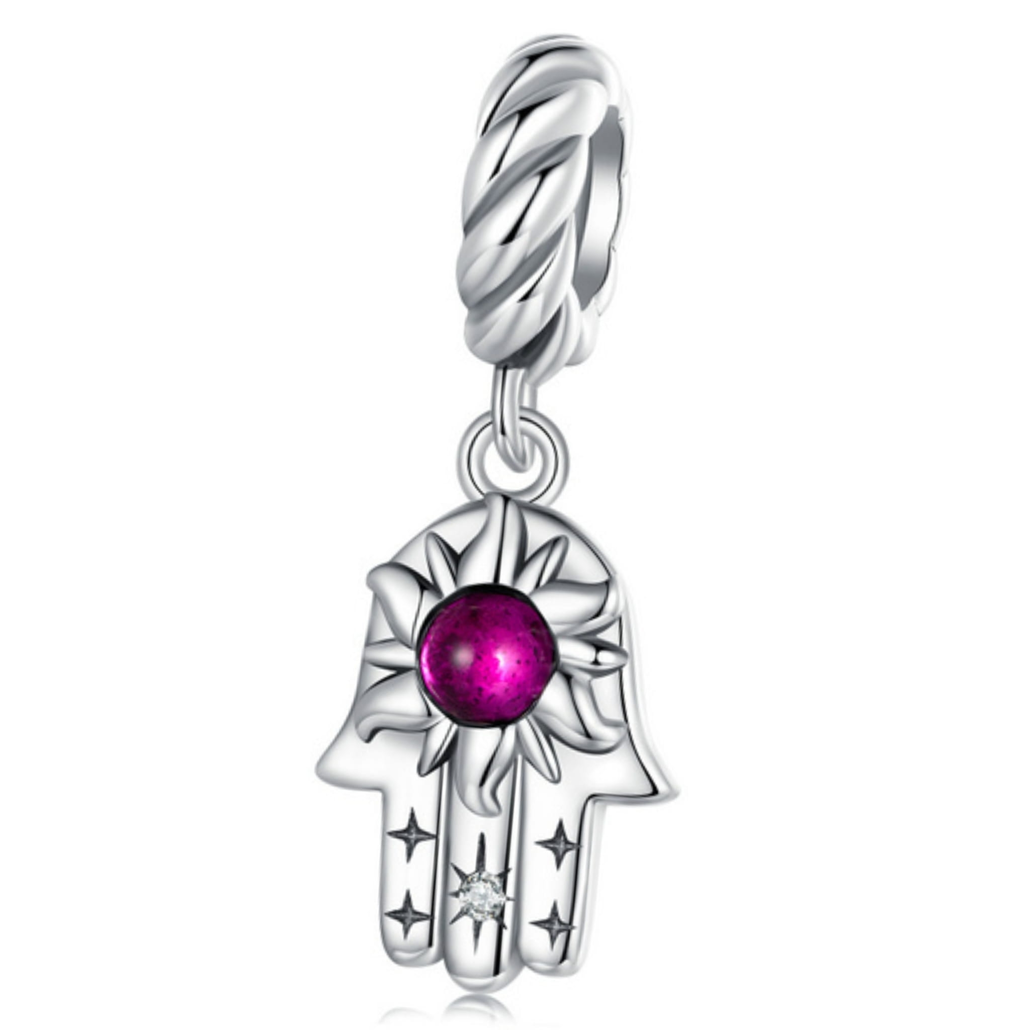 Ręka Fatimy z różowym kryształem charms srebrna zawieszka beads