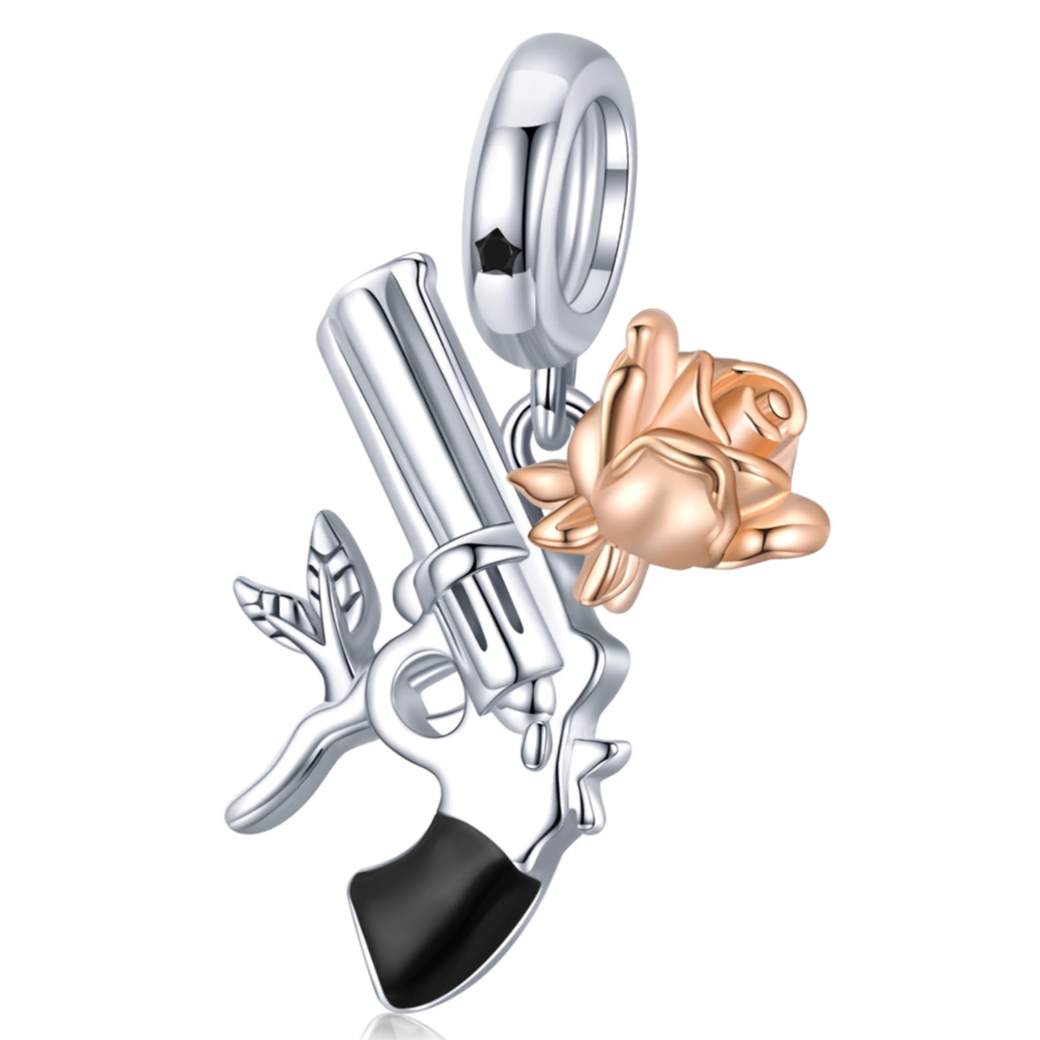 Pistolet z różą srebrny pozłacany charms zawieszka beads srebro 925