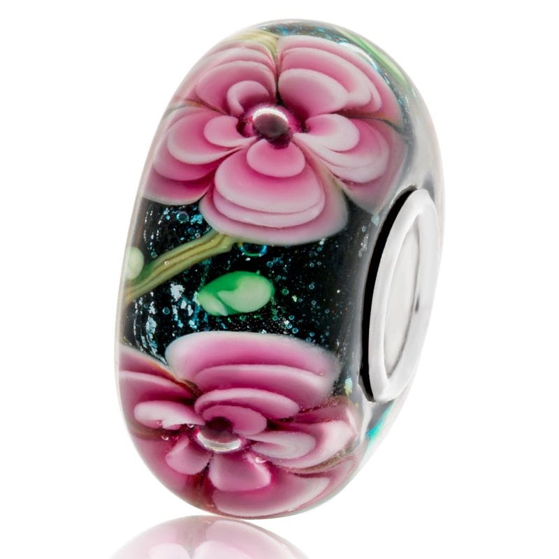 Charms ze szkła z różowymi kwiatkami koralik beads srebro 925