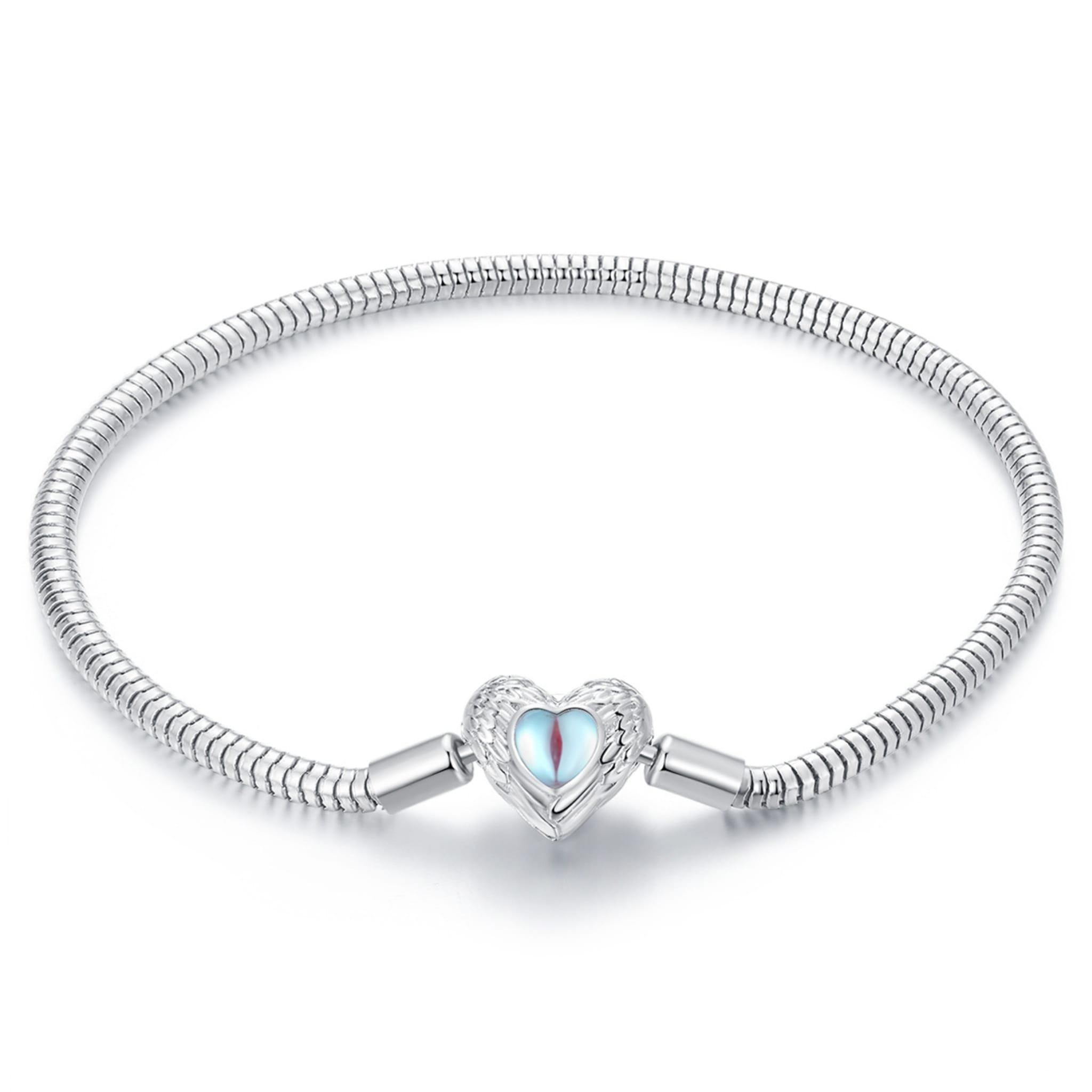 Srebrna bransoletka modułowa opalizujące serce 19cm do zawieszek charms