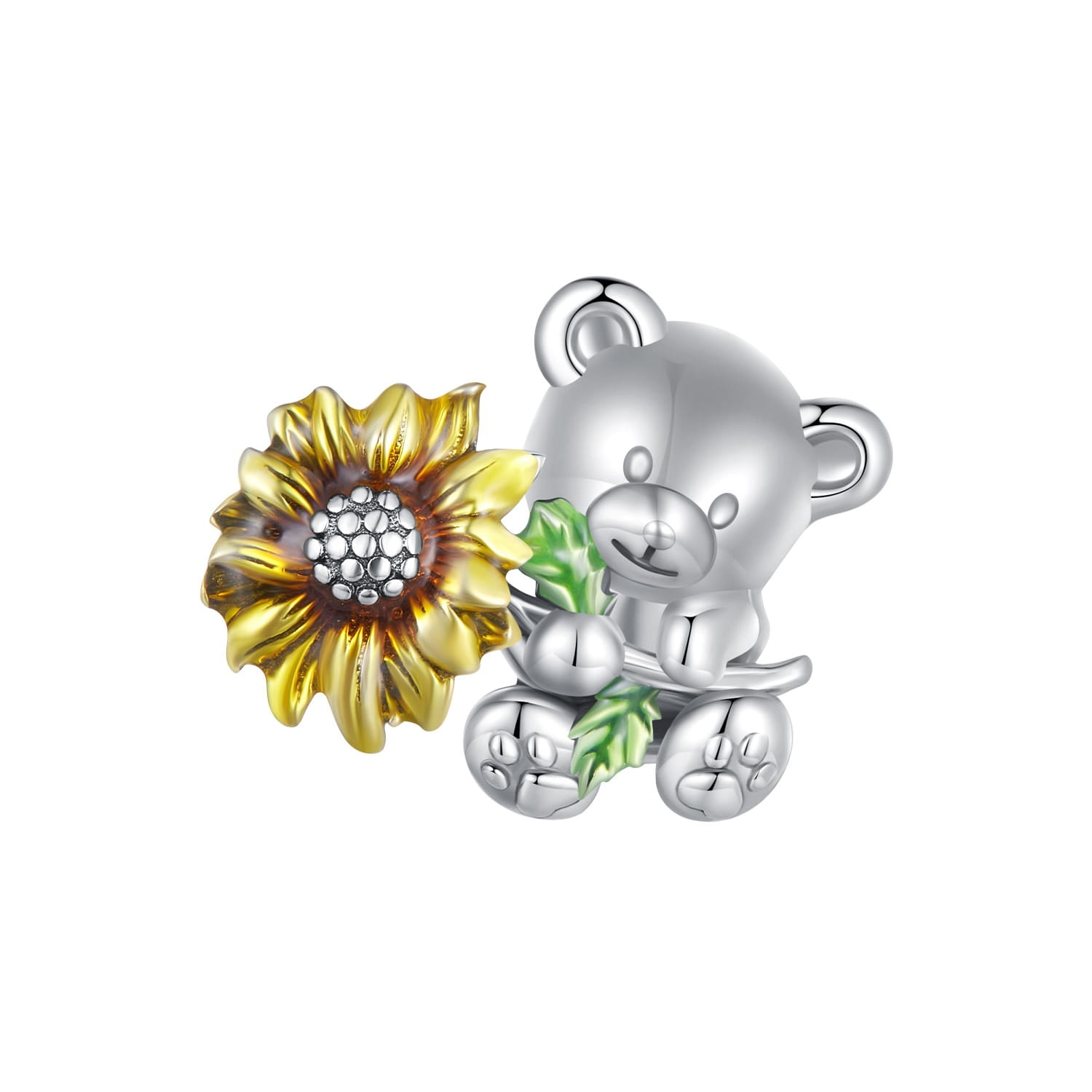 Miś z kwiatem słonecznika srebrny charms koralik beads