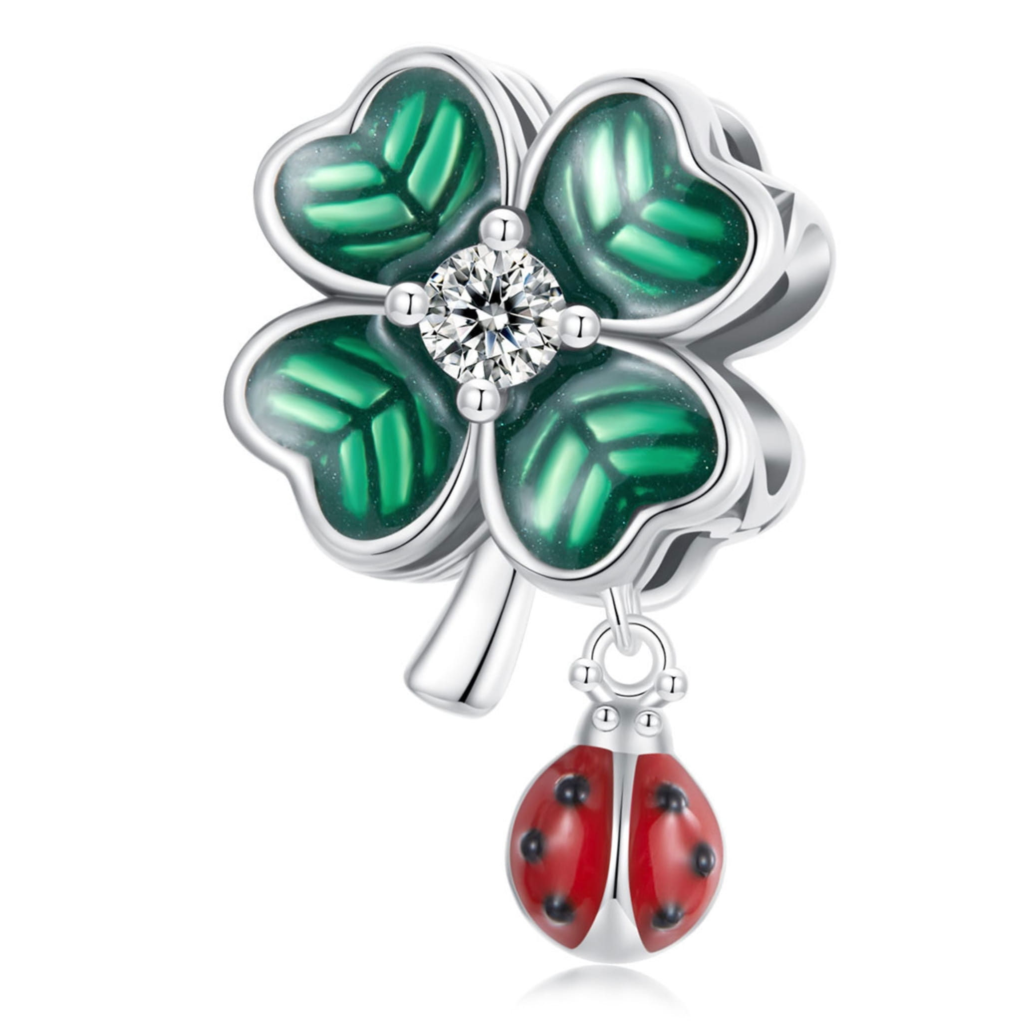 Czterolistna koniczynka z biedronką charms srebro 925 beads koralik
