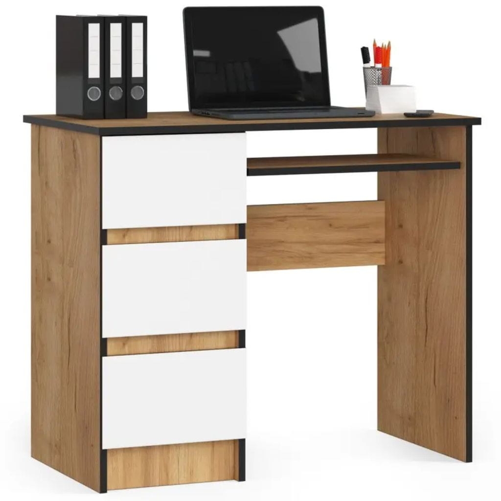 Biurko komputerowe, szuflady, lewe, ASTOR, 90x50x77 cm, biel, dąb craft, mat