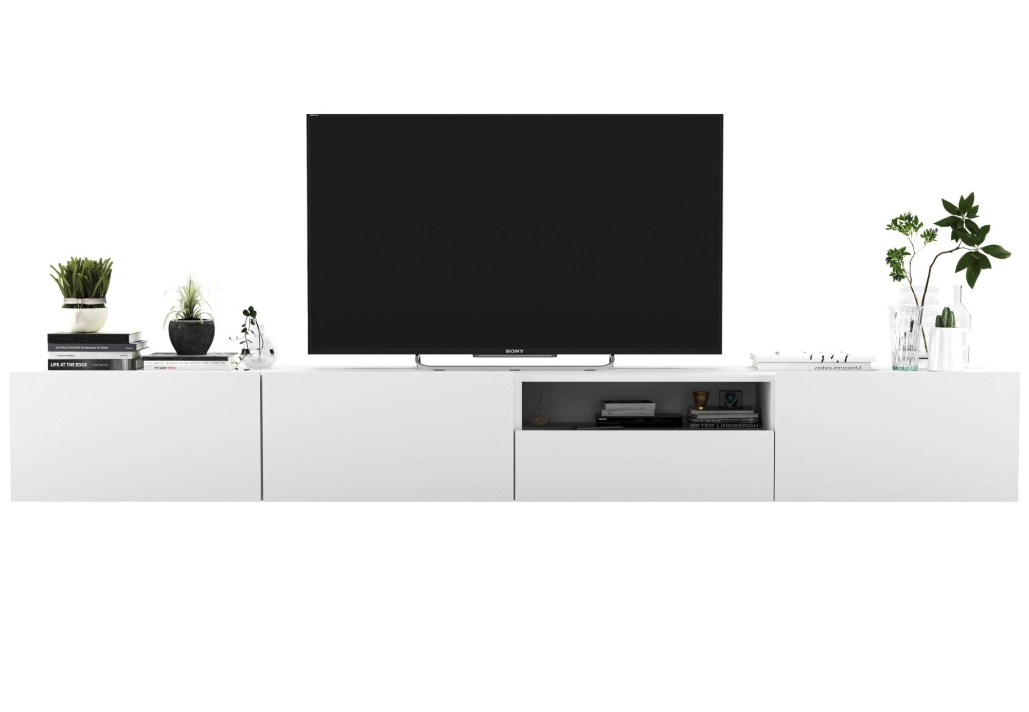 Wisząca szafka RTV, loft, industrialna, SANO, 240x35x30 cm, biel, mat