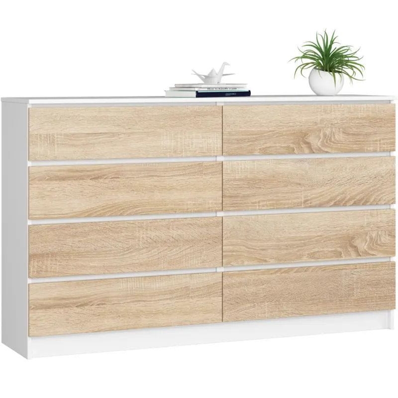 Komoda do sypialni, 8 szuflad, STILO, 160x40x99 cm, biel, dąb sonoma, mat
