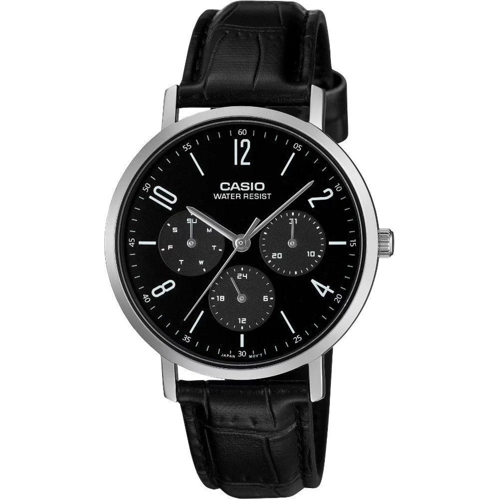 Casio MTP-VT06L-1BDF Zegarek męski czarna tarcza skórzany pasek 37 mm
