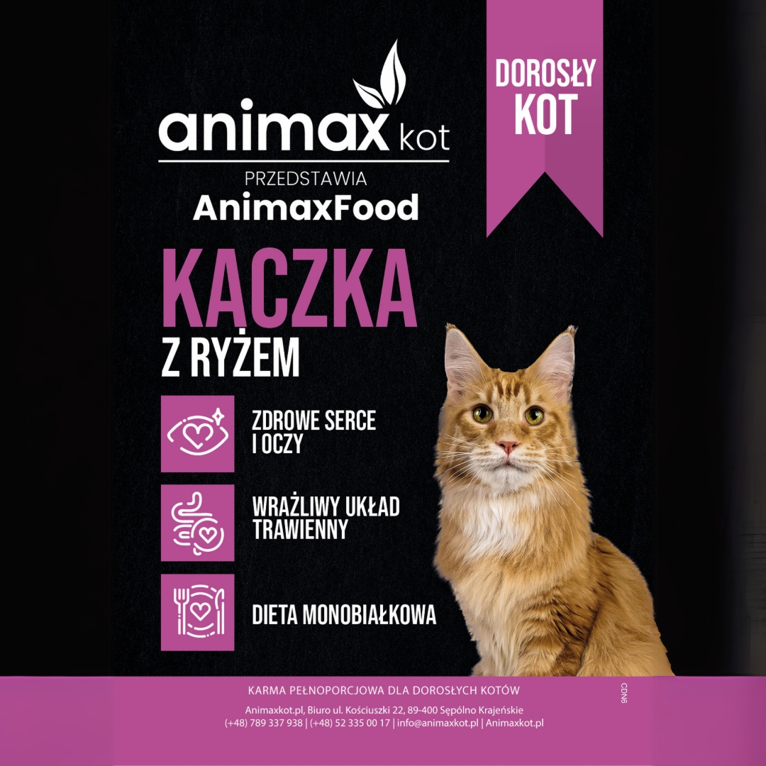 AnimaxFood Kaczka z ryżem- kot dorosły, 43% mięsa kaczki - 100g