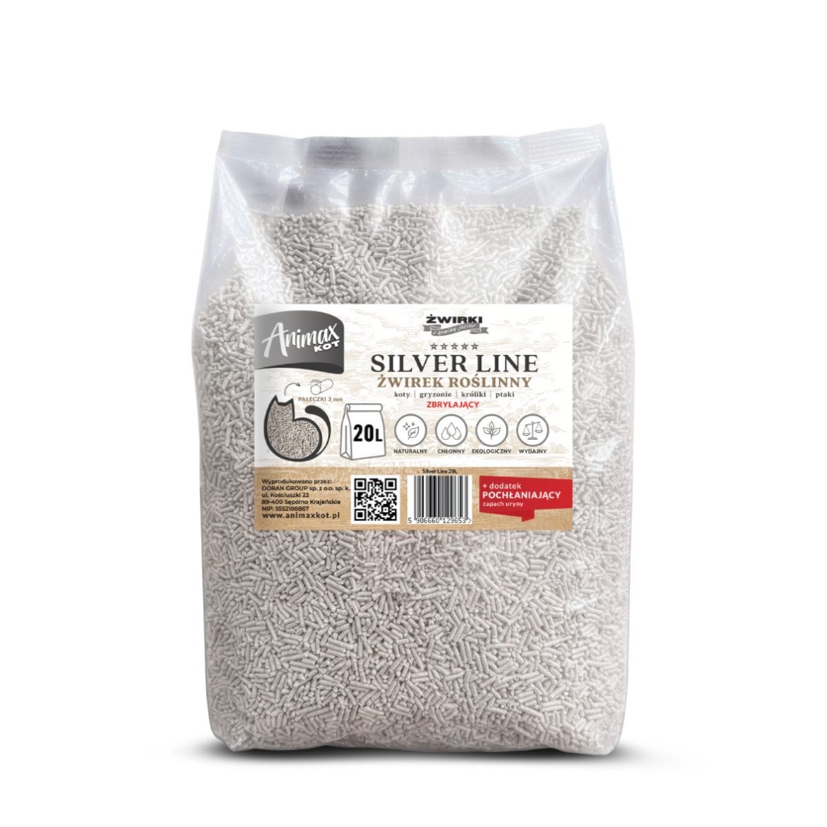 AnimaxKot Silver line 3mm, żwirek zbrylający – peletka 3mm – opakowanie 20L – 40l