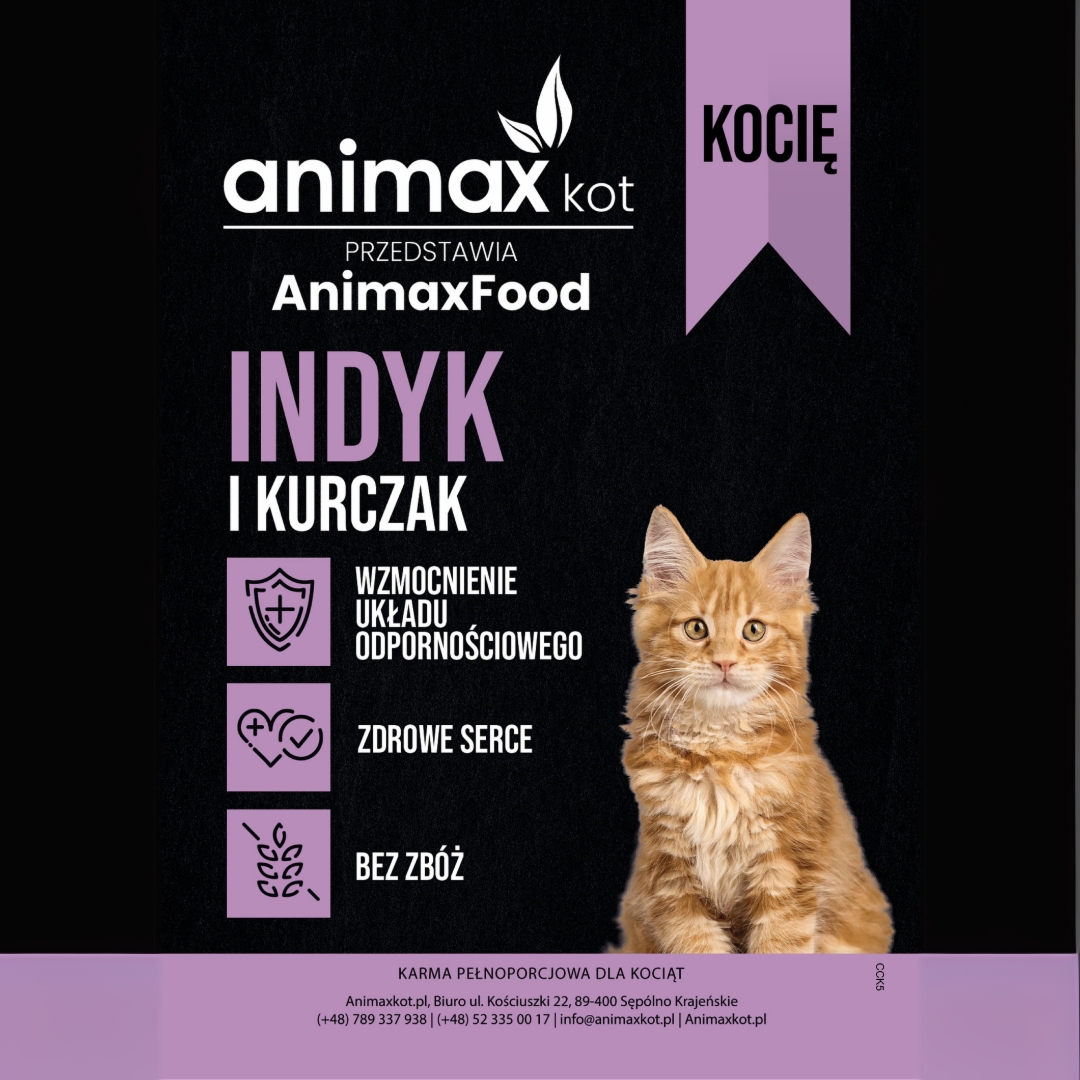 AnimaxFood Indyk i kurczak - Kocie rosnące - 70% mięsa - 1500g