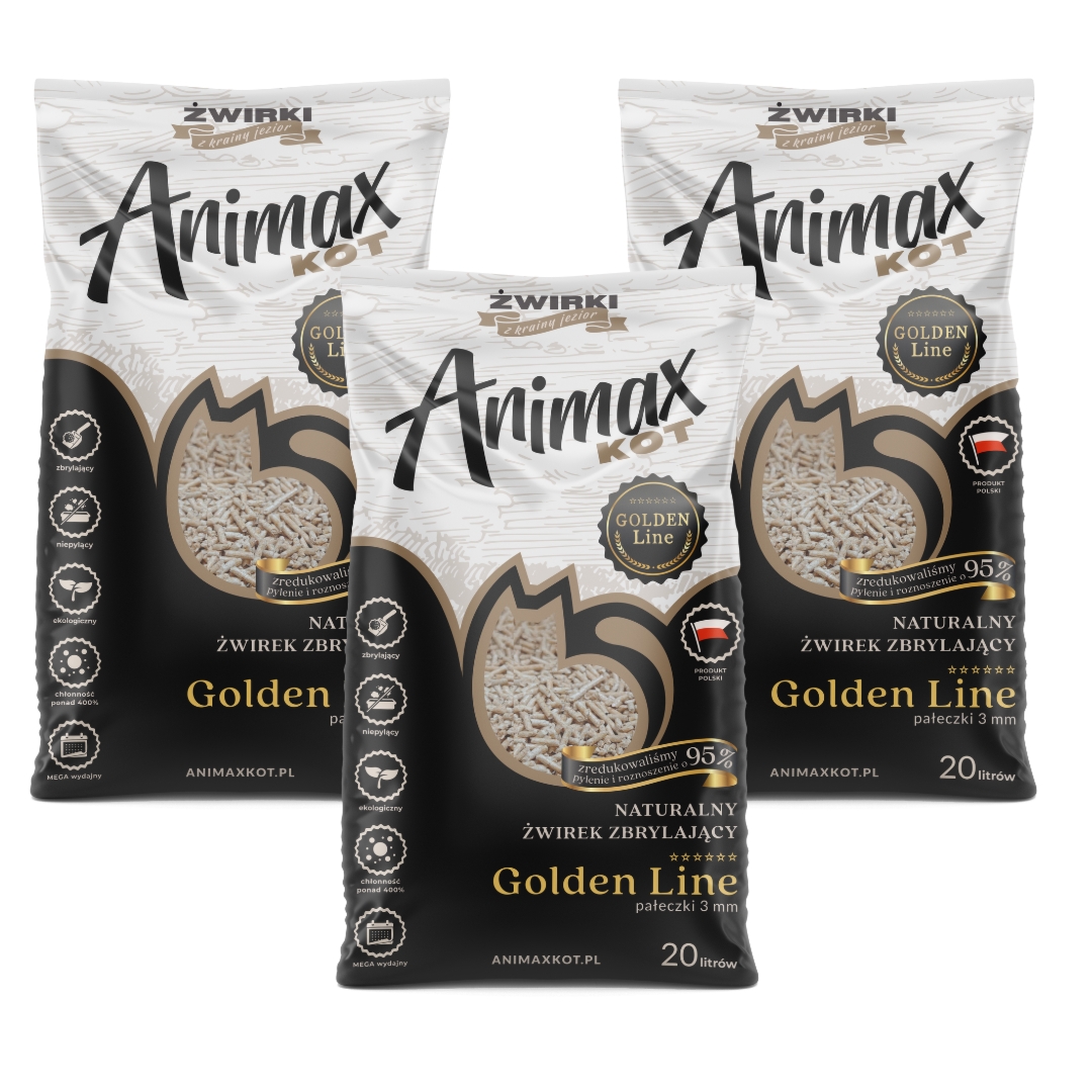 AnimaxKot Golden Line 3mm, żwirek zbrylający dla kota peletka 3mm - opakowanie 20L - 60l