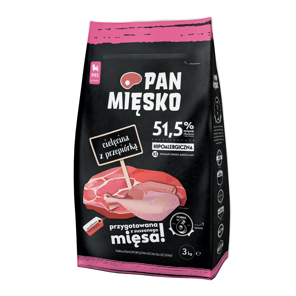 Karma dla szczeniąt  Pan Mięsko cielęcina z przepiórką 3 kg XS rasy małe i średnie