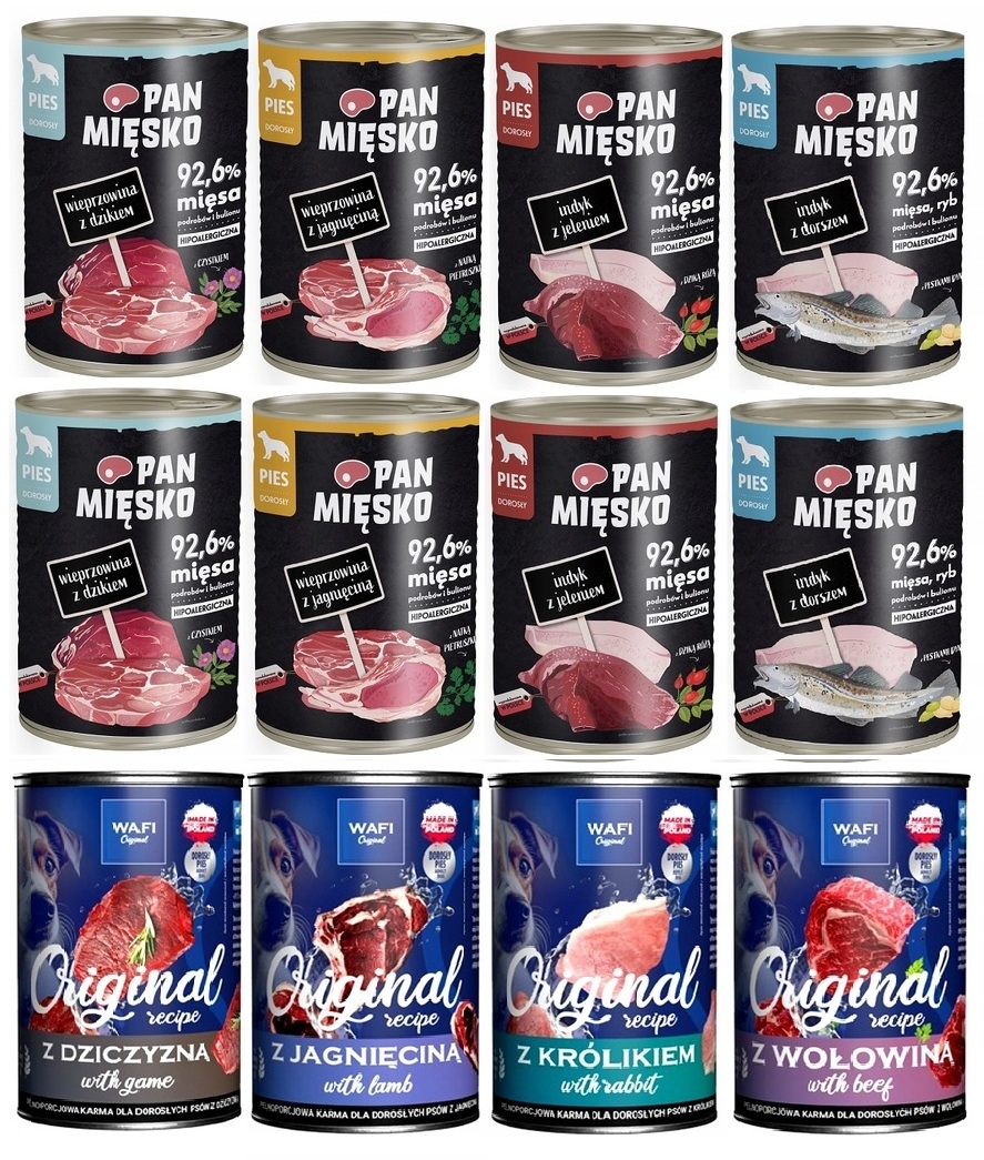Karma dla psa Pan Mięsko  I Wafi zestaw 12 x 400g Mix Smaków