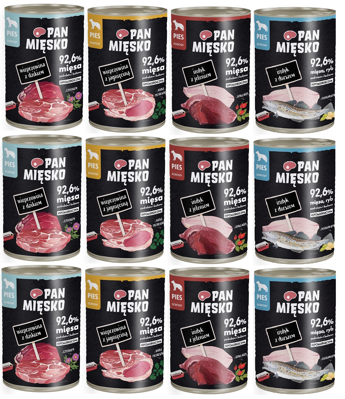 Karma dla psa Pan Mięsko zestaw 12 x 400g Mix Smaków