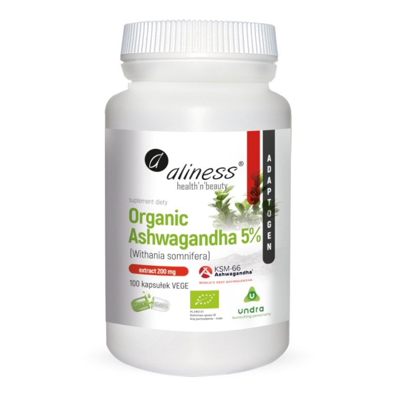 Adaptogeny Witania Ospała Aliness Organic Ashwagandha 5% KSM-66 200 mg 100kaps