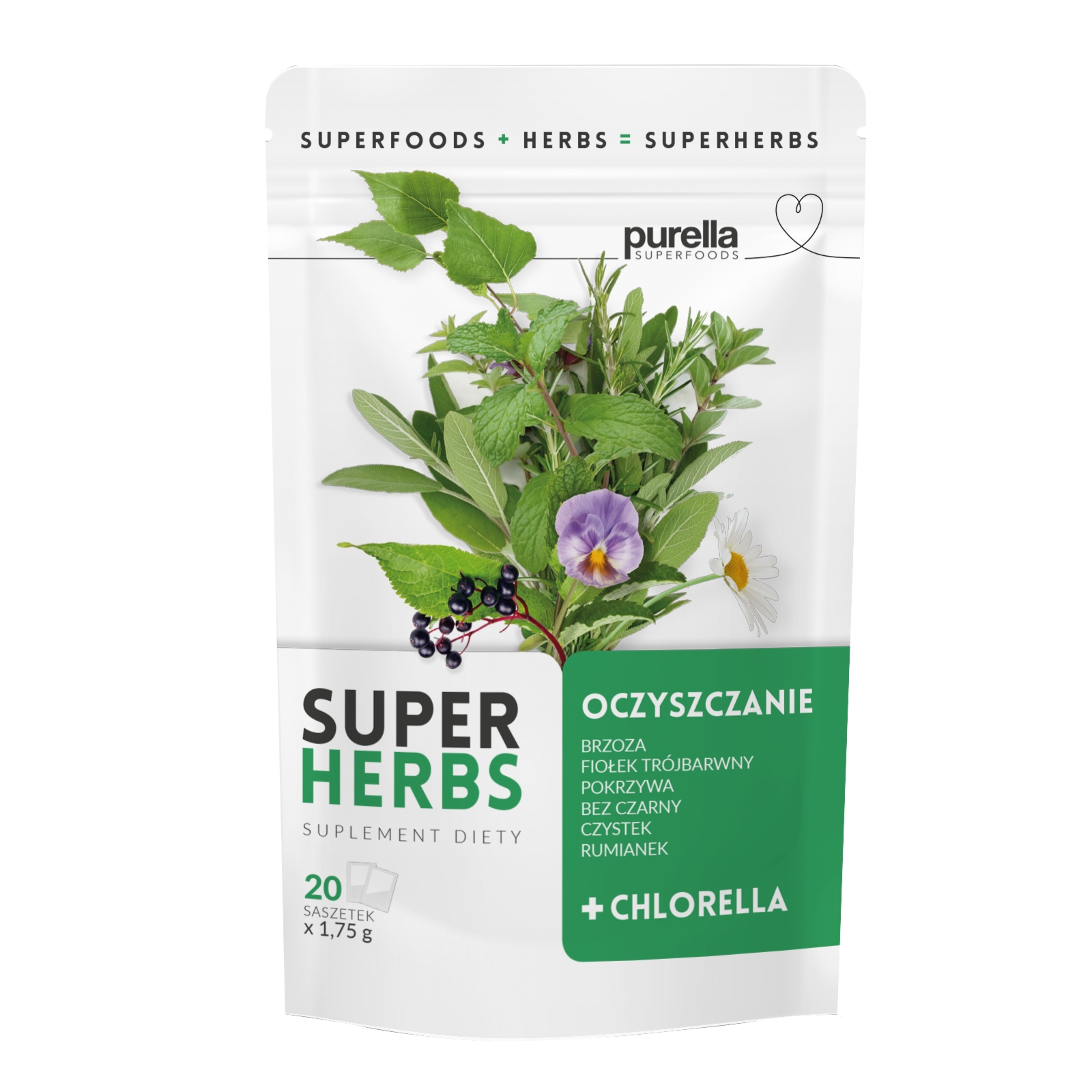 Purella Superherbs Oczyszczanie - naturalna mieszanka ziół i chlorelli, 20 saszetek