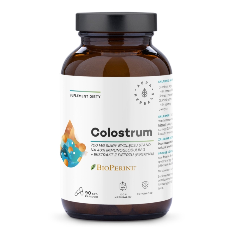 Aura Herbals Colostrum + BioPerine - Wsparcie Trawienia i Odporności - 60 lub 90 kapsułek