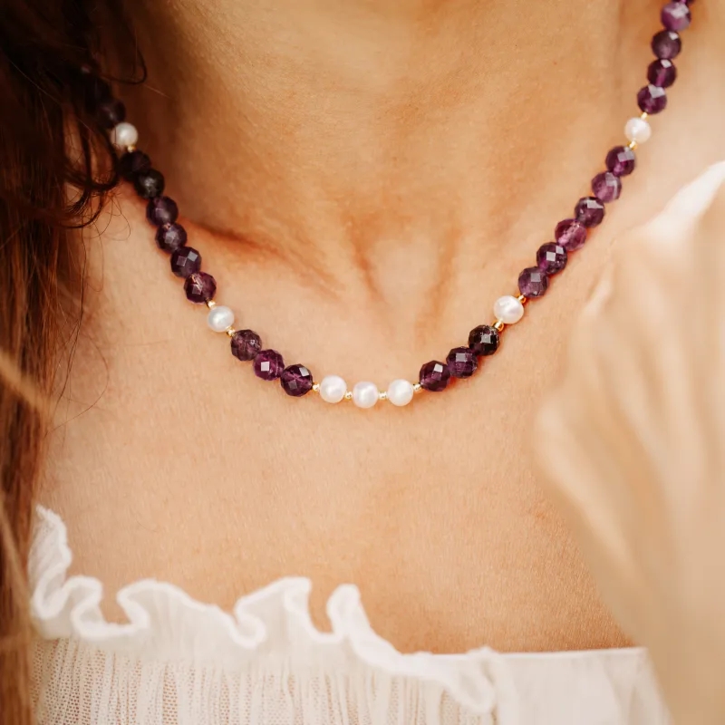 Ametyst, Perła - srebrny pozłacany naszyjnik na koncentrację, miłość, sukces - Skarby Oceanu