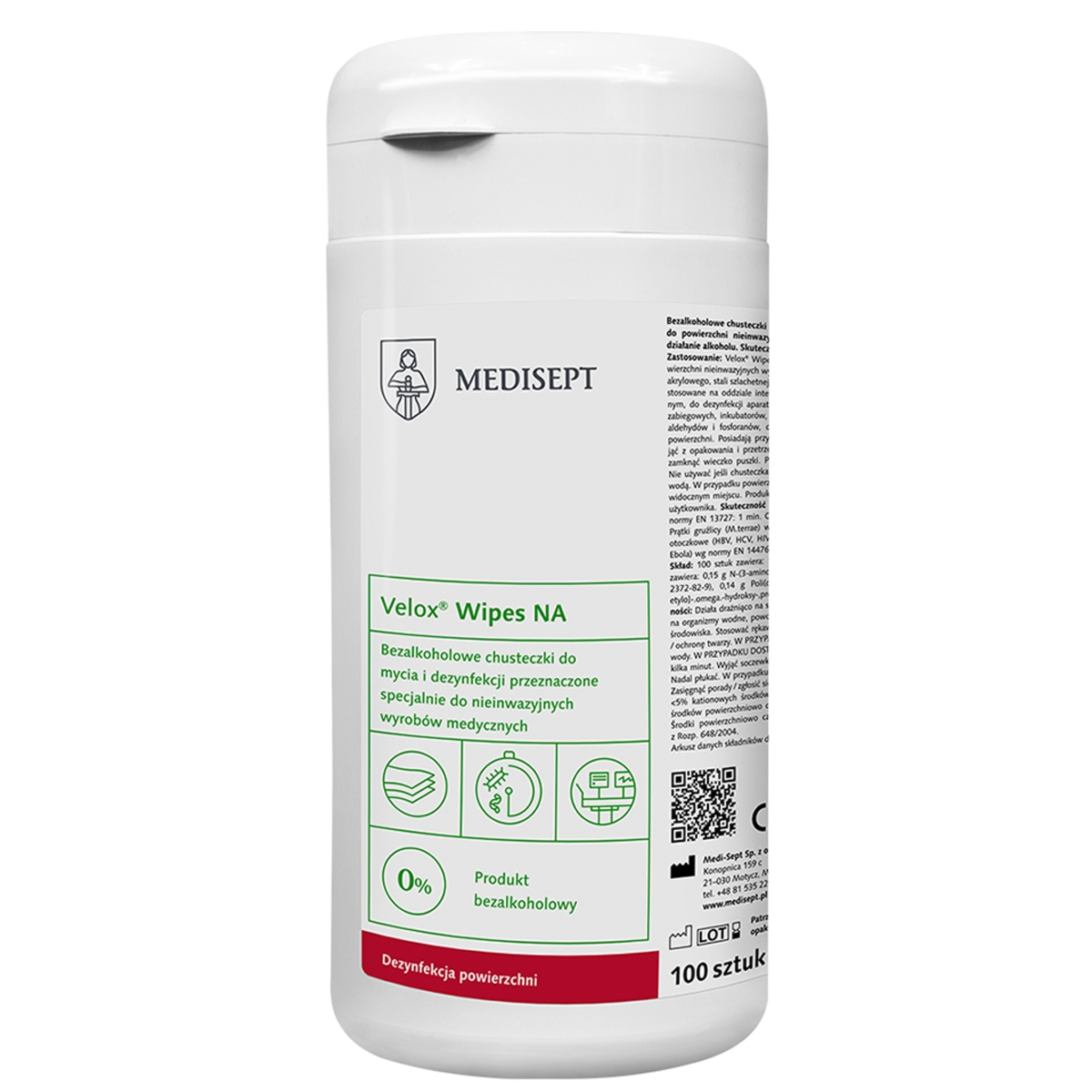 Medisept Bezalkoholowe chusteczki do dezynfekcji Velox Wipes NA Tuba  - 100 sztuk