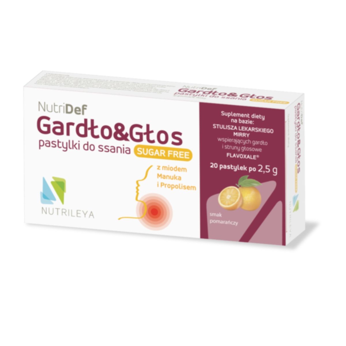 Nutrileya NutriDef Gardło i Głos - pastyki do ssania o smaku pomarańczowym - 20 sztuk