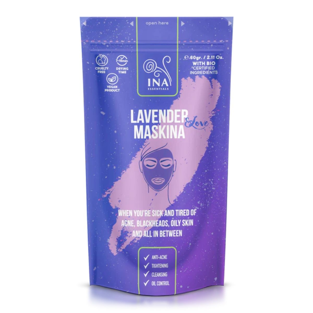 InaEssentials Maska lawendowa na twarz - intensywna pielęgnacja skóry - 60g