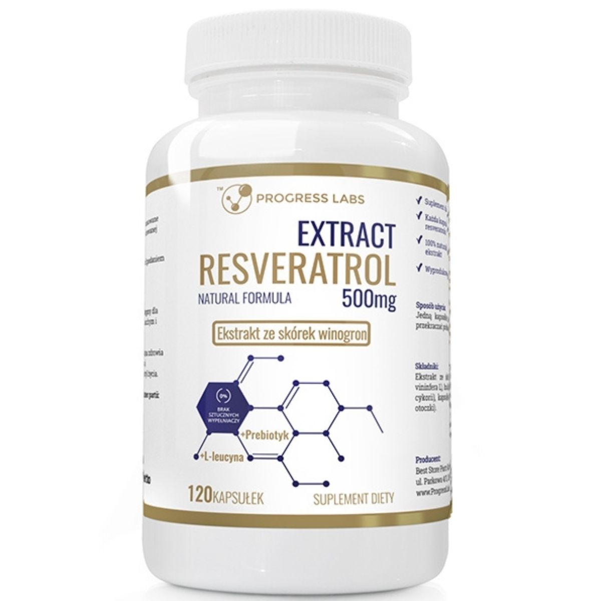 Resveratrol Extract 500mg Ekstrakt ze skórek winogron Progress Labs - 120 Kapsułek