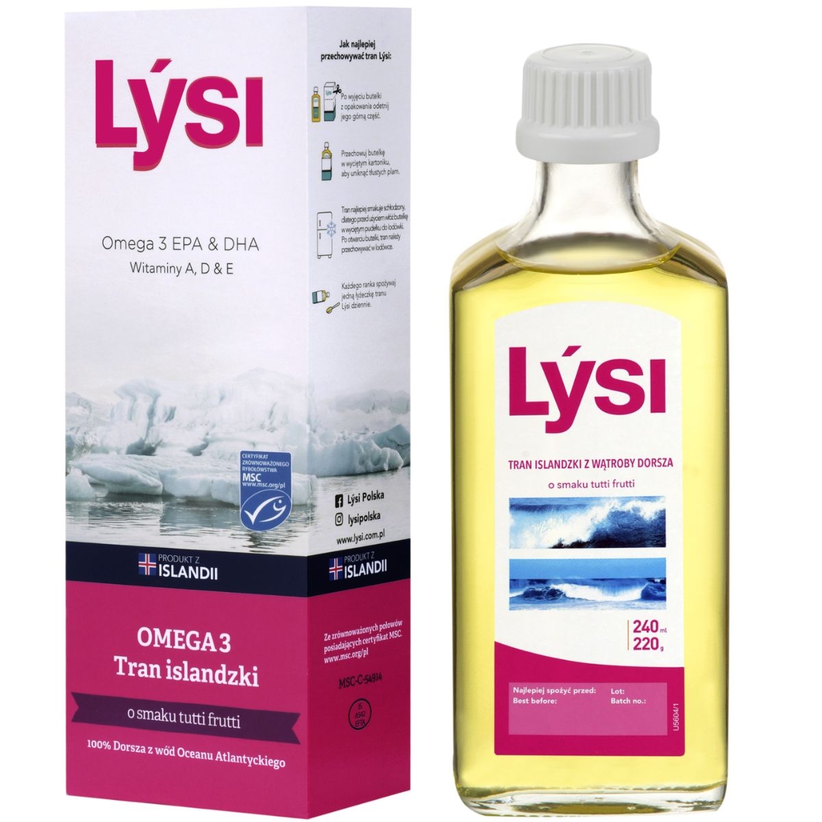 Tran islandzki Lysi o smaku tutti frutti - 240 ml