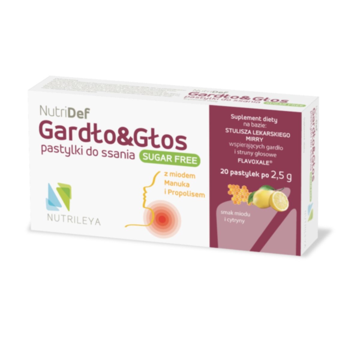 Nutrileya NutriDef Gardło i Głos - pastyki do ssania o smaku miodowo-cytrynowy - 20 sztuk