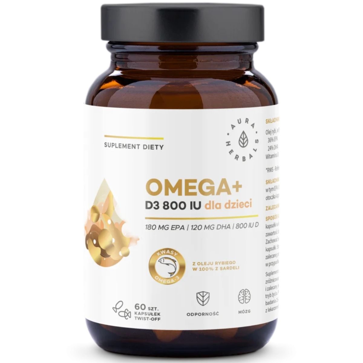 Aura Herbals - Omega+ Witamina D3 800 IU dla dzieci - kapsułki twist-off 60 sztuk