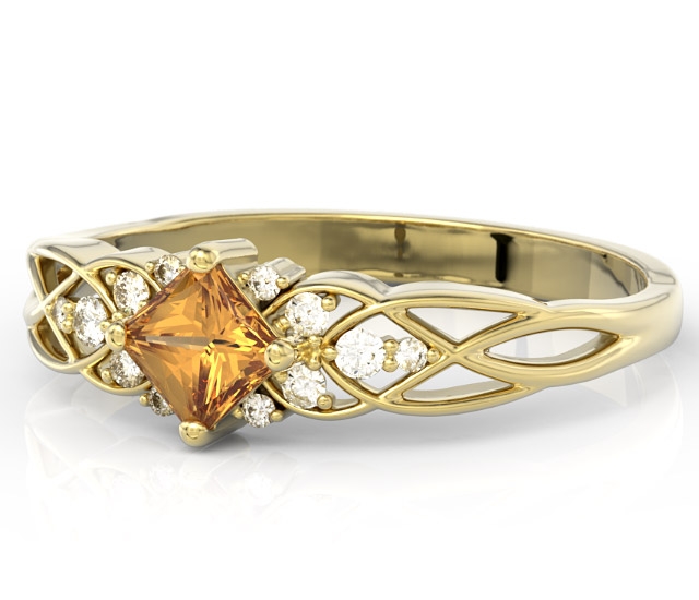 Pierścionek z żółtego złota z topazem swarovski miodowym i diamentami bp-86z