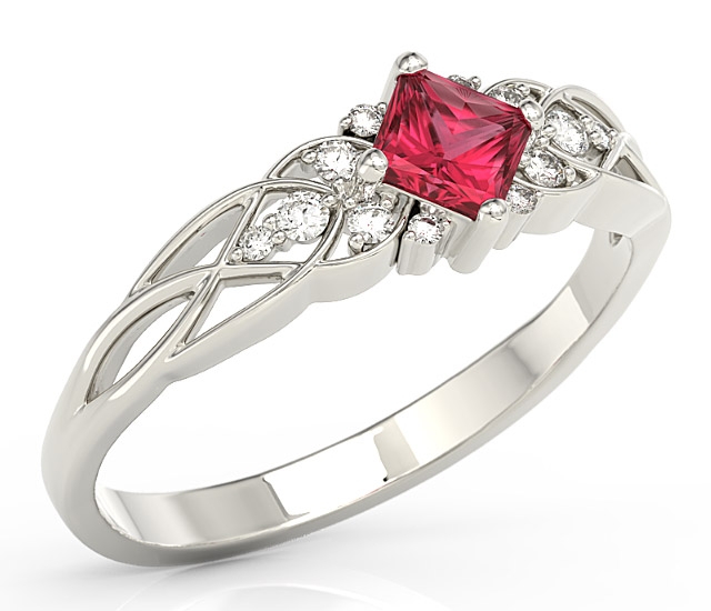 Pierścionek z białego złota z topazem swarovski red i diamentami bp-86b