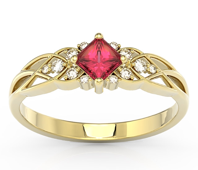 Pierścionek z żółtego złota z topazem swarovski red i diamentami bp-86z
